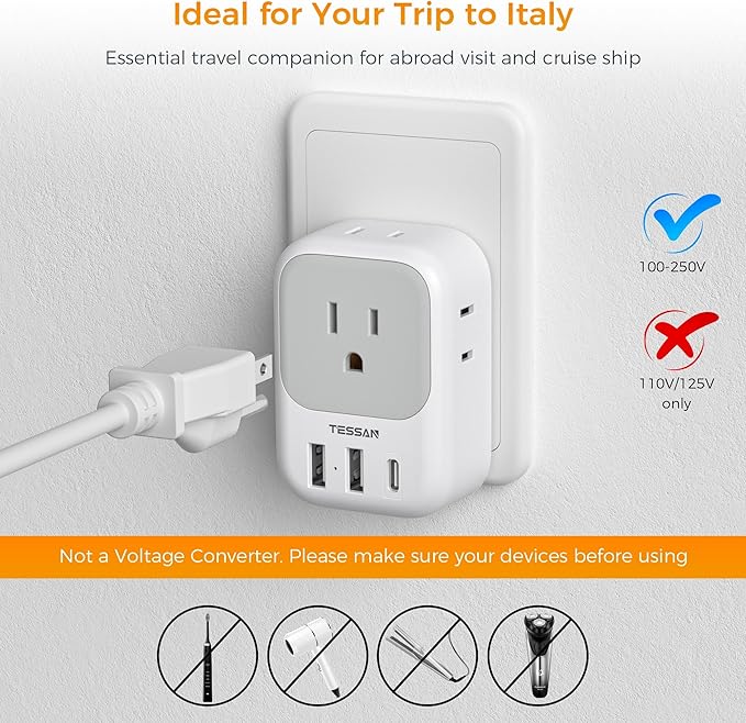 Italy Travel Plug Adapter 2 Pack, TESSAN Italy Power Adaptor with 4 Outlets 3 USB Charger (1 USB C Port), Type L Adapter for US to Chile Ethiopia Libya Syria Tunisia Uruguay