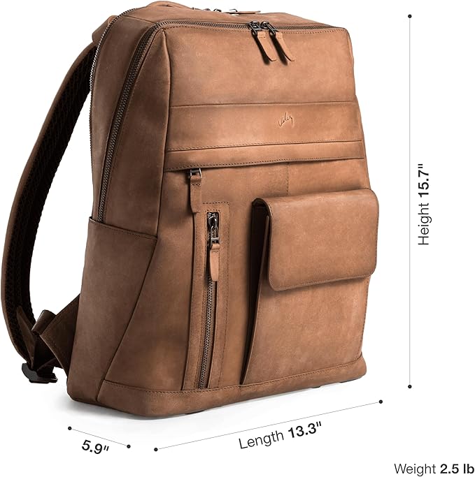 VELEZ Brown Leather Backpack for Men & Women - Large Capacity Laptop Travel Backpack with 17" Sleeve - Vintage Travel Bag with Adjustable Straps, Multiple Pockets & Trolley Sleeve