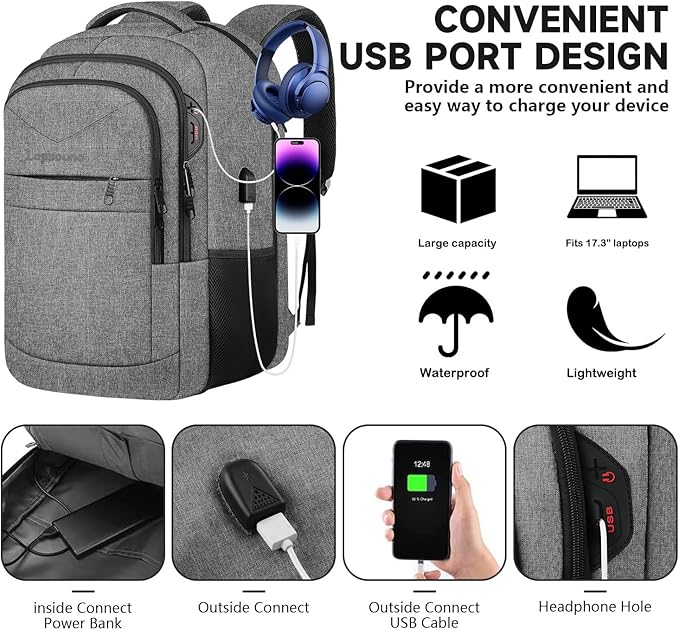 Lapsouno Extra Large Laptop Backpack, 17 Inch Carry on Travel Backpack, Anti-Theft College School Computer Bag with USB Port, Gift for Men Women, Grey
