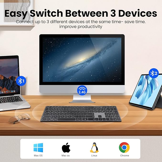 K925 Wireless Bluetooth Keyboard Multi-Device Full Size Wireless Keyboard with Number Pad,Multimedia Keyboard Quiet Typing for Windows/PC/Laptop/Phone