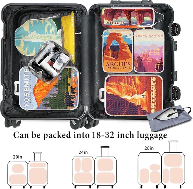 Compression Packing Cubes for Travel, 8 Set National Park Luggage Organizers, Waterproof Expandable/Compression Bags Travel Packing Cubes with Clear Toiletry Bag and Shoe Bag