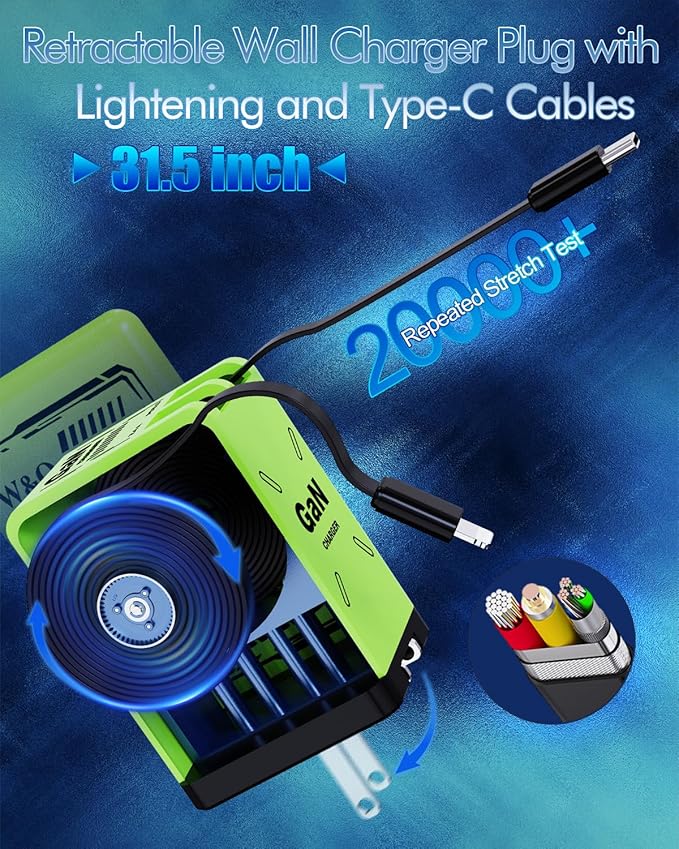 W&O 2-in-1 gan Compatible with Fast Charger,Retractable Phone Charger with Cables,45W iPhone Charger Fast Charging,Fast Charger for iPhone16/15/14/13 Series, Galaxy S25/24,Android and More（Evergreen）