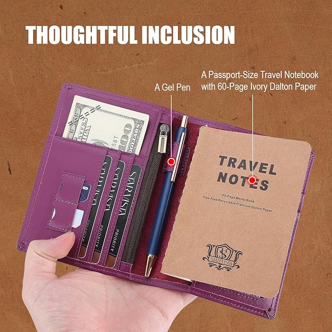 STAR VISTA Phoenix Leather Passport Holder, Calfskin Travel Wallet - RFID Blocking, ID Window, Zipper Pocket, Pen & Notebook Included, Violet