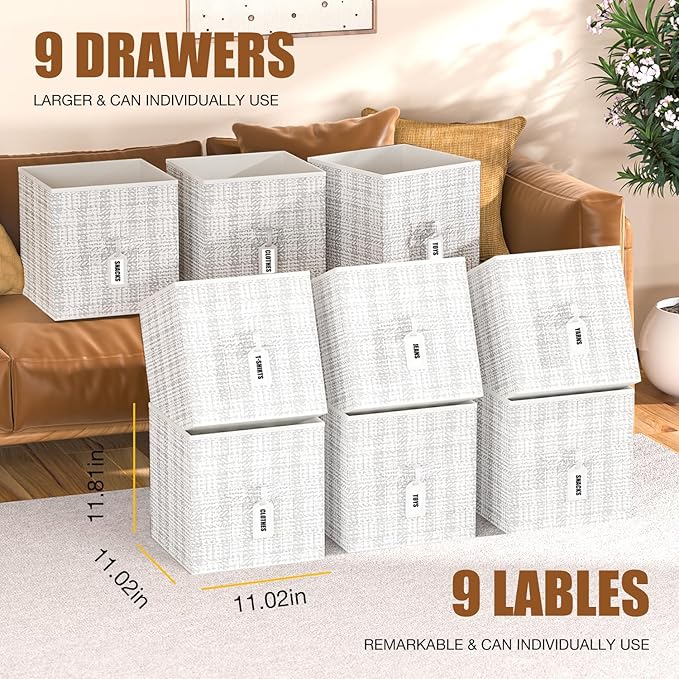 9 Cube Storage Organizer with Printed Drawers, Toy Cubby Storage for Closet, Living Room, Dorm - White