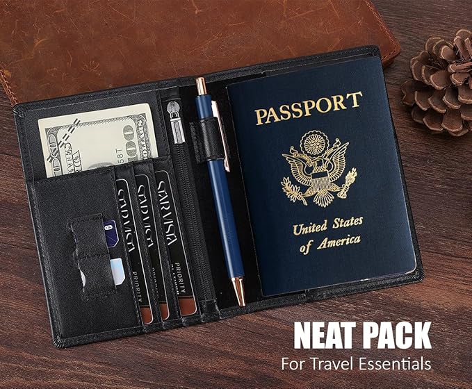 STAR VISTA Phoenix Leather Passport Holder, Calfskin Travel Wallet - RFID Blocking, ID Window, Zipper Pocket, Pen & Notebook Included, AirTag Holder, Black