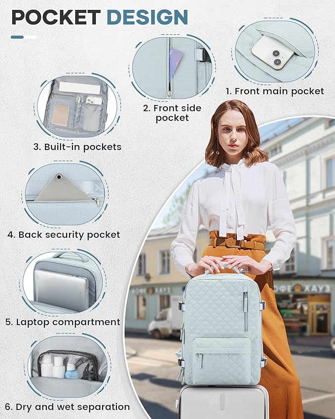 Vacuum Travel Backpack with Pump for Women,Personal Item Carry on Backpacks Flight Approved 18x14x8 inches for Men,Laptop Waterproof Work Compression bags Casual Daypack Blue.