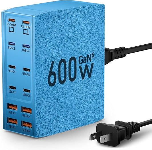 USB Charging Station (600W),12-Port USB C Charger Block with Dual 100W PD USB-C Fast Charging Station Hub for MacBook Pro/Air/All iPad Phone 17/16 15/14/13/Pro Max/Samsung Galaxy Note(Blue)