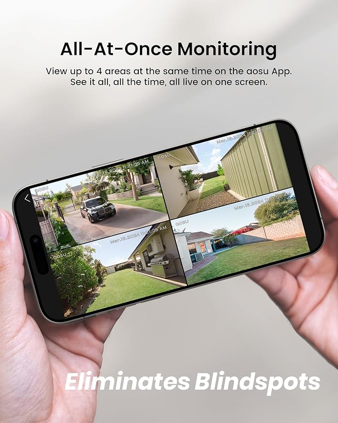 AOSU Solar Security Cameras Wireless Outdoor, 2Mins DIY Installation, No Subscription Cameras for Home Security System, Local Storage, 2K Color Night Vision for Surveillance, 2.4&5ghz WiFi, 4 Cam-kit