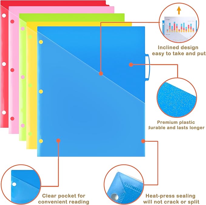 5 Tabs Plastic Dividers with Clear Front Pocket - 3 Sets, Pocket Dividers for 3 Ring Binder, Multi-Color Binder Dividers, Total 15 Tabs