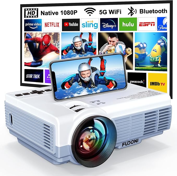 Projector with WiFi and Bluetooth, FUDONI Upgrade Projector Native 1080P 14000L 4K Supported, Portable Movie Outdoor Projector for Home Theater, Compatible w HDMI/USB/TV Stick/Laptop/iOS Android Phone
