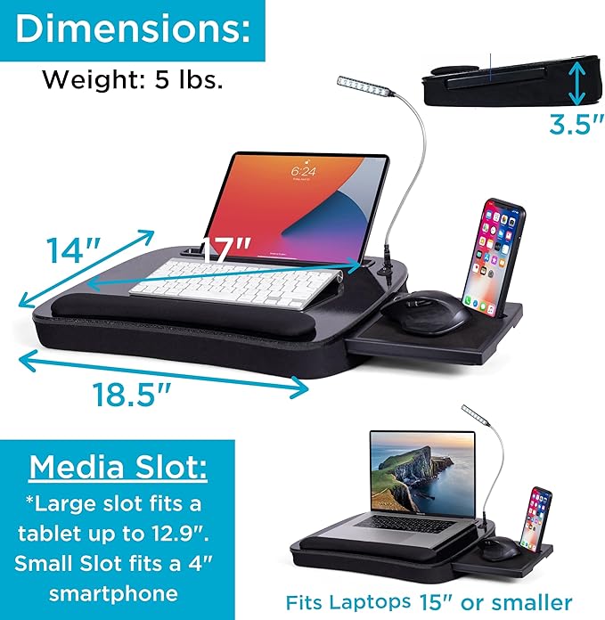 BIRDROCK HOME Multi-Tasking Lap Desk with Memory Foam Cushion | USB Light and Mouse Pad | Fits Laptops Up to 15" | Tablets Up to 9.6" | Smartphones Up to 4" | Black Spackle Top | Home Office