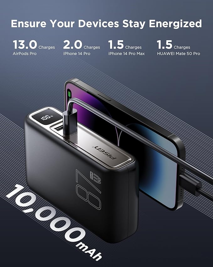 PISEN Wall Charger Power Bank - 87W 2-in-1 Hybrid Charger, 10000mAh GaN USB-C Portable Charger with Wall Plug, 87W Hybrid Charger Power Bank with Wall Plug for iPhone, iPad, MacBook, Samsung, Laptops