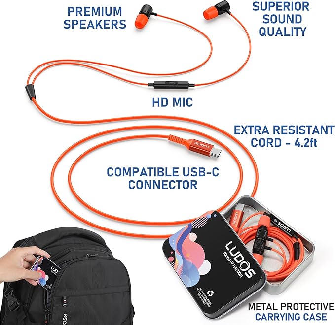 LUDOS Ultra USB C Headphones for iPhone 16 15 Pro Max Plus iPad Pro, 5 Years Warranty, Magnetic USB-C Earbuds for Samsung Galaxy S24 S23 Ultra S22 S21 FE S20 A55 A54 A53, USB Type C Earphones - Coral