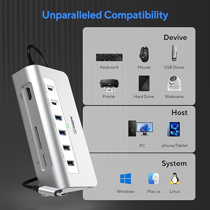 USB C Hub, intpw 9-in-1 USB Hub for Laptop with 4K HDMI, PD 100W, USB-C and 2 USB A 3.0 5Gbps, 2 USB A 2.0, SD/TF Card Reader, Aluminum USB Hub for PC, iPhone, MacBook, iPad