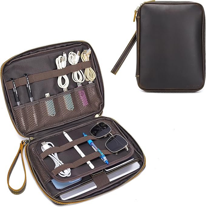LANNSYNE Full Grain Leather Electronic Organizer Accessory Travel Tech Pouch, Cable Accessories Bag, Storage Carry Case for Charger, Phone, Power Bank, Cables