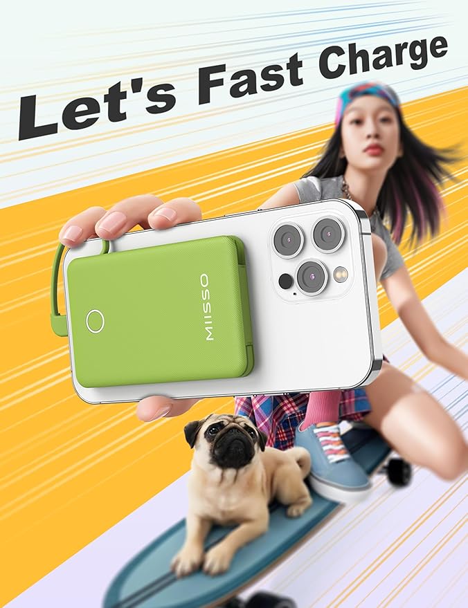 6000mah Ultra Slim Built in Cables Power Bank, Card Size Built in USB C Cords Battery Pack Portable Charger for Phones, 3 Output External Battery Pack Compatible with iPhone, Samsung, Google, Green