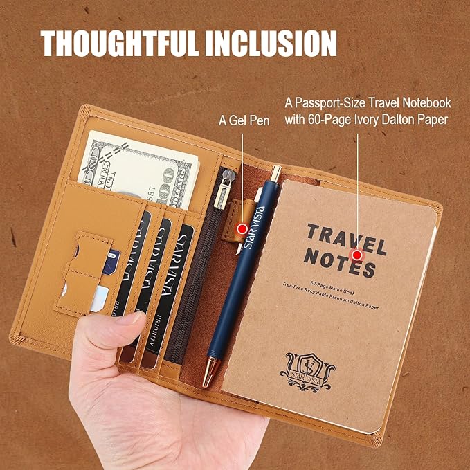 STAR VISTA Phoenix Leather Passport Holder, Calfskin Leather Travel Wallet - RFID Blocking, ID Window, Zipper Pocket, Pen & Notebook Included, AirTag Holder, Honey