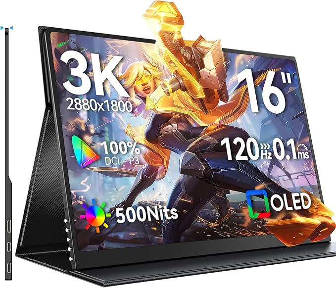 UPERFECT OLED Portable Monitor 16", 3K 2880x1800 | 120Hz | 0.1ms Portable Gaming Monitor, 500 Nits |100% DCI-P3 | 100000:1 Contrast | Ultra-Slim Design for Laptop Mini PC Phone Game Consoles