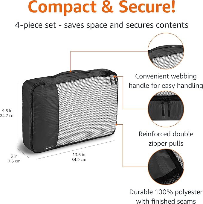 Amazon Essentials 4-Piece Packing Cubes Travel Accessories Set, Luggage Organizer with Double Zipper, Mesh Top, 100% Polyester, Medium, Black (Previously Amazon Basics)