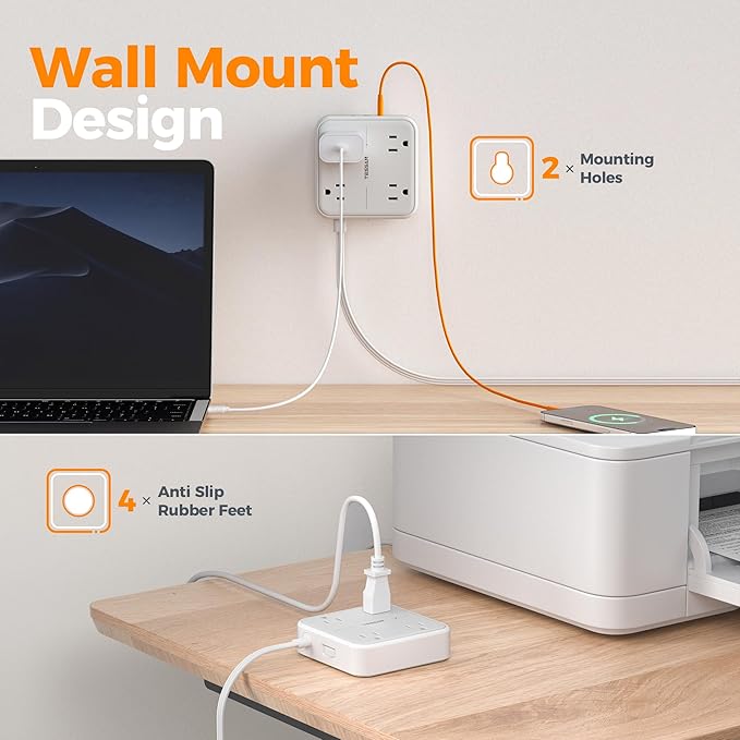 TESSAN Flat Plug Extension Cord 5 Ft, TESSAN Surge Protector Power Strip Ring Pull with 3 USB (1 USB C) 4 Outlets, 900 Joules Protection, Desktop Charging Station for Home, Office, College, Dorm Room,