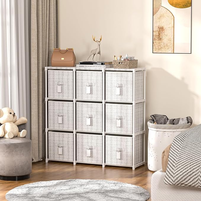 9 Cube Storage Organizer with Printed Drawers, Toy Cubby Storage for Closet, Living Room, Dorm - White