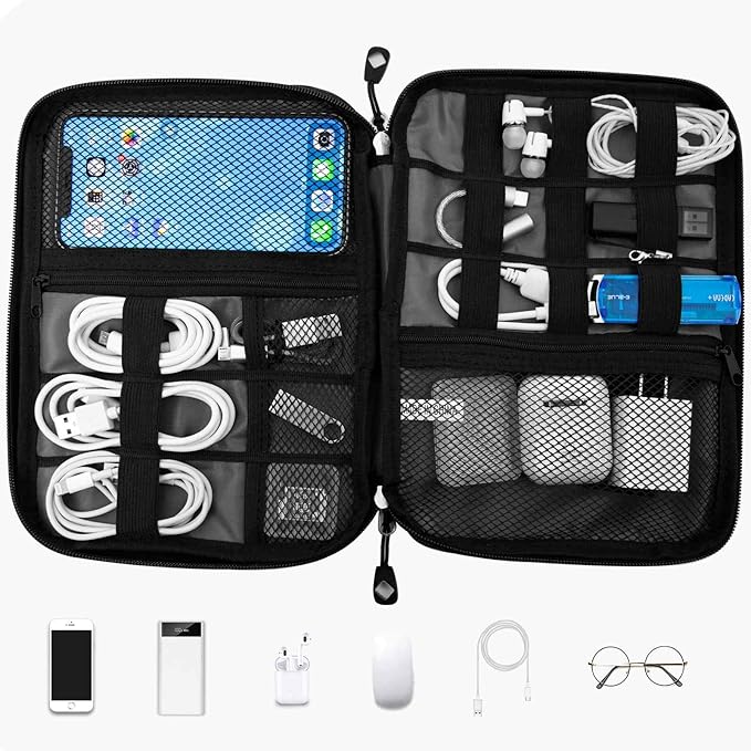 Travel Cable Organizer Bag Waterproof Portable Electronic Accessories Organizer for USB Cable Cord Phone Charger Headset Wire SD Card with 5pcs Cable Ties(Blue)
