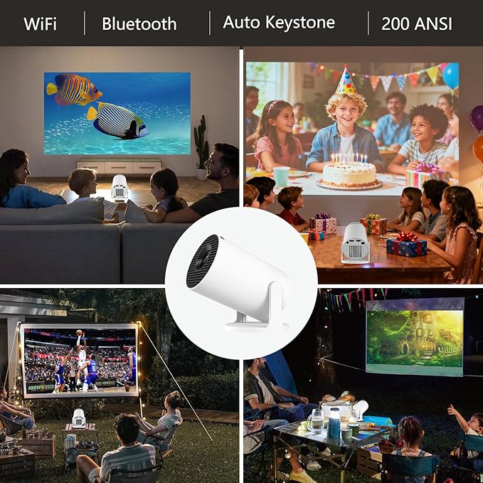 JREN Mini Android Projector Portable with WiFi and Bluetooth, Smart Projector with Auto Keystone, Outdoor Movie Projector for Bedroom Ceiling, Short Throw Roku Projector Home Theatre Mini