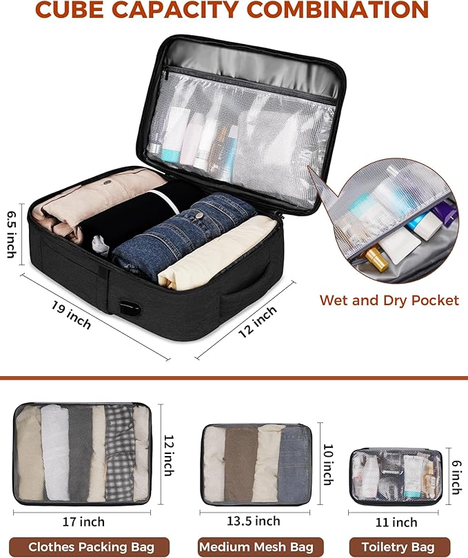 Vancropak Flight Approved 40L Expandable Carry On Travel Backpack, Lightweight Weekend & Short Trip Travel Bag with 3 Packing Cubes, Water-Resistant Anti-Theft Luggage for Men Women, Black White Brown