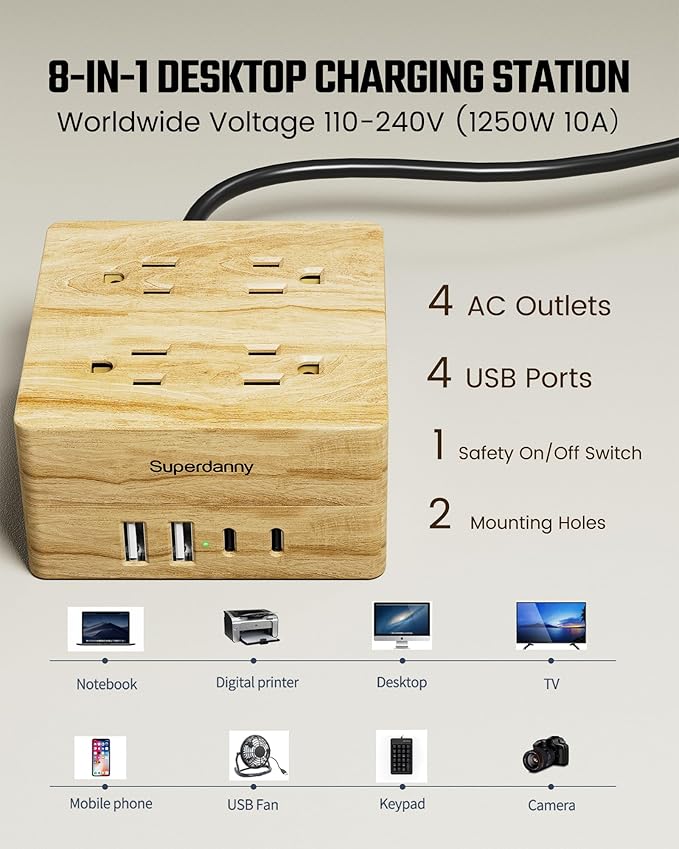 USB Power Strip Surge Protector - SUPERDANNY Desktop Extension Cord with 4 Widely Spaced Outlets & 4 Smart USB Ports, Portable Charging Station for Home, Office, Hotel, Dorm, RV, Faux Wood Grain