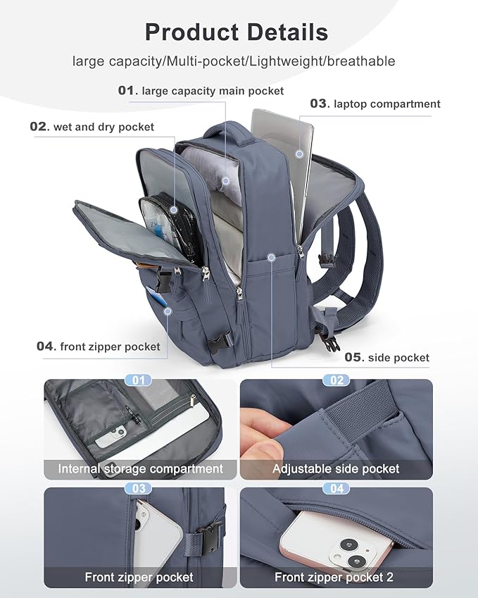 Carry On Backpack for Women, Large Travel Backpack Flight Approved, Waterproof 14 Inch Laptop Backpack Business Work Backpacks Men Mochila De Viaje, Blue