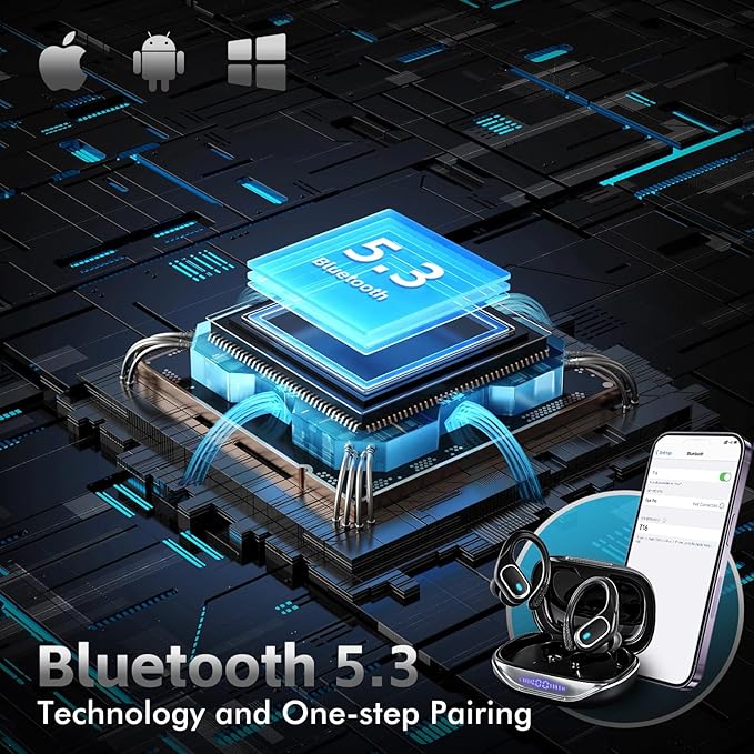 Wireless Earbuds Bluetooth 5.3 Headphones with 80H Playback, IPX7 Waterproof Over Ear Buds with LED Power Display for Sports Running Workouts Black