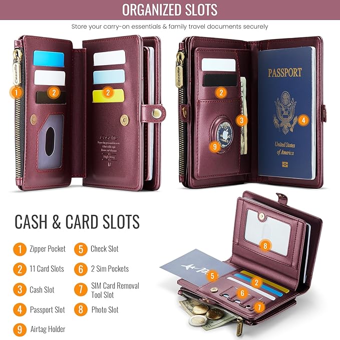 Passport Holder Wallet Bag with AirTag Holder, 11 Card Slots and Passport Solt Cash Solt Photo Solt Zipper Pocket, RFID Blocking Wristlet Strap.Wine