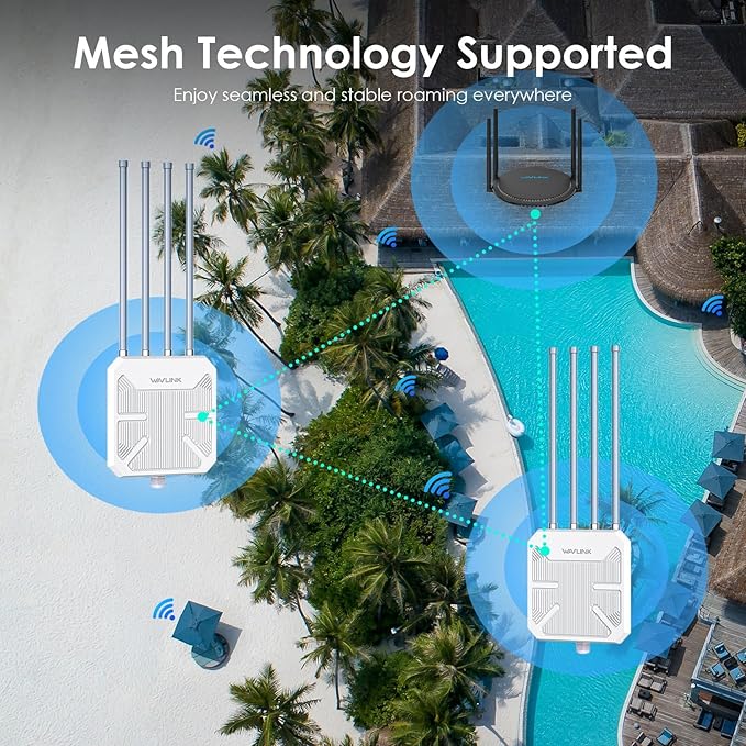 WAVLINK AX1800 Outdoor WiFi 6 Extender Long Range, IP67 WiFi 6 Outdoor Access Point, Active PoE, 4x8dBi Antennas,Work with Starlink/Cameras/Router, Up to 128 Devices for Farm,Yard,RV,Campsite,Park