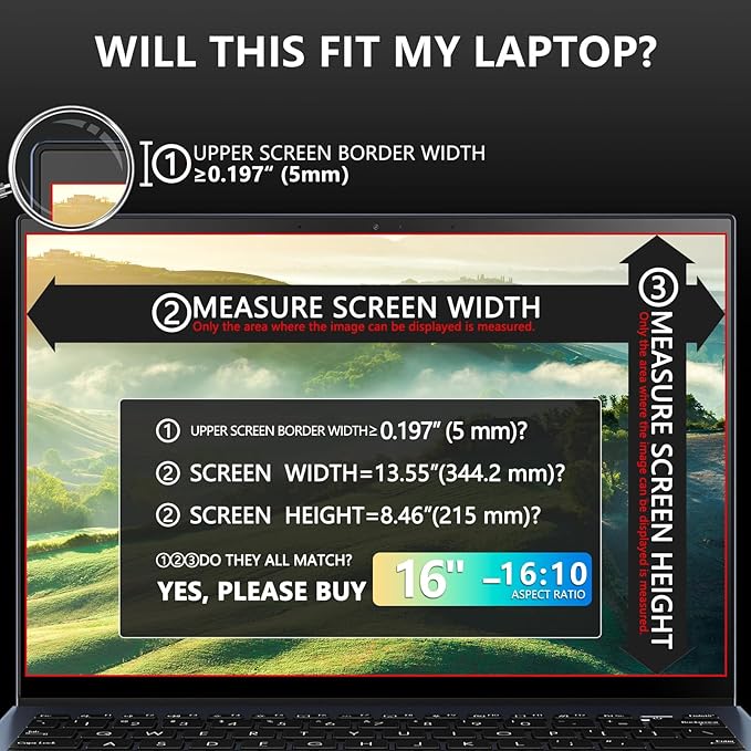 FILMEXT Magnetic Laptop privacy screen 16 inch for 16:10 Widedisplay, Removable Laptop Privacy Screen Shield Anti Glare Blue Light Filter for HP/Dell/Acer/Lenovo/Asus