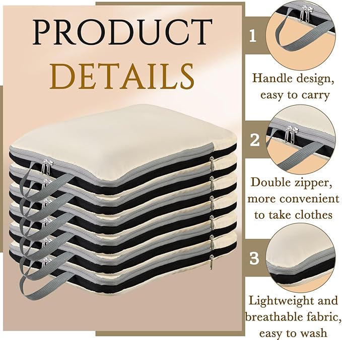 Hosuly 6 Pcs 17.3 x 12.6'' Compression Packing Cube Bag Extra Large Travel Expandable Space Saving Organizers XL for Luggage Storage(Beige)