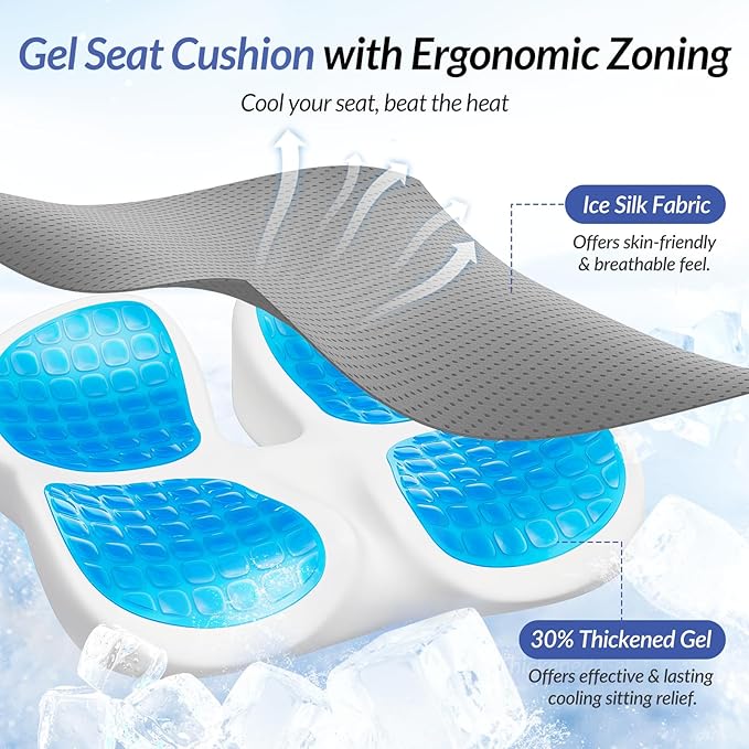 ZIKEE Gel Seat Cushion for Office Chair and Car Seat with Ergonomic Zoning, Memory Foam Chair Cushion for Sciatica, Lower Back, Tailbone Pain Relief and Intimate Ventilation, Non-Slip & Airy Cover