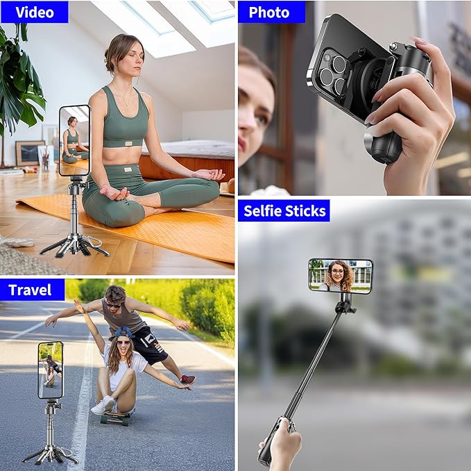 for Magsafe Tripod Stand for iPhone,Portable Pocket Size Selfie Stick with Rechargeable Remote and Metal Ring,Extendable Detachable Cell Phone Tripod Compatible with iPhone/Android