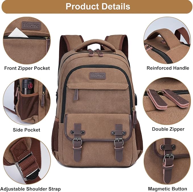 Mactso Canvas Travel Laptop Backpack for Men Women, Business Work Rucksack College School Computer Bag Fits 15.6 Inch Notebook,Bookbag with USB Charging Port (Coffee, 15.6 Inch)