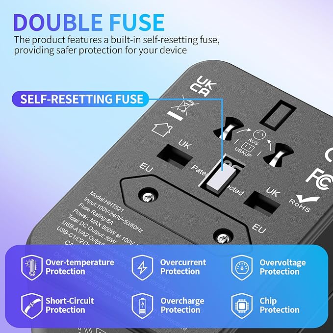 All-in-One 35W Quick Charging Universal Travel Adapter with 4 Ports (2 USB-C + 2 USB-A) - Worldwide Plug Converter for USA, EU, UK, AUS | Compact Power Adapter for International Travel