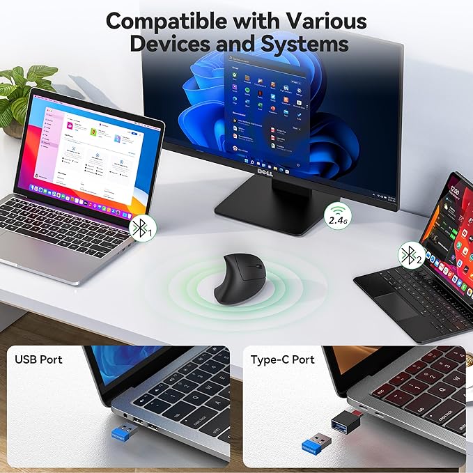TECKNET Ergonomic Mouse, Jiggler Bluetooth Wireless Vertical Mouse, 4800 DPI Silent Mouse with 6 Adjustable DPI Levels, 2.4GHz (USB A & C) Mouse, 6 Buttons Computer Mice - Wide Compatibility