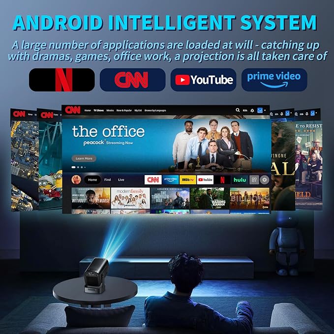 【Built-in Apps】Mini Projector 1080P with WiFi 6 and Bluetooth 5.4, 4K Full HD Projector Features Auto Focus & Keystone, Portable Projector Support 270° Rotatable, Compatible with Phone/HDMI/USB-Black