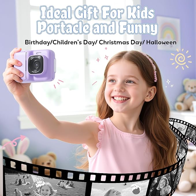 Kids Camera, 1080P Instant Digital Print Camera for Kids, Christmas Birthday Gifts for 4 5 6 7 8 9 10 Year Old Girls Boys, Portable Toy with 32GB SD Card & 3 Rolls Printing Paper, Purple