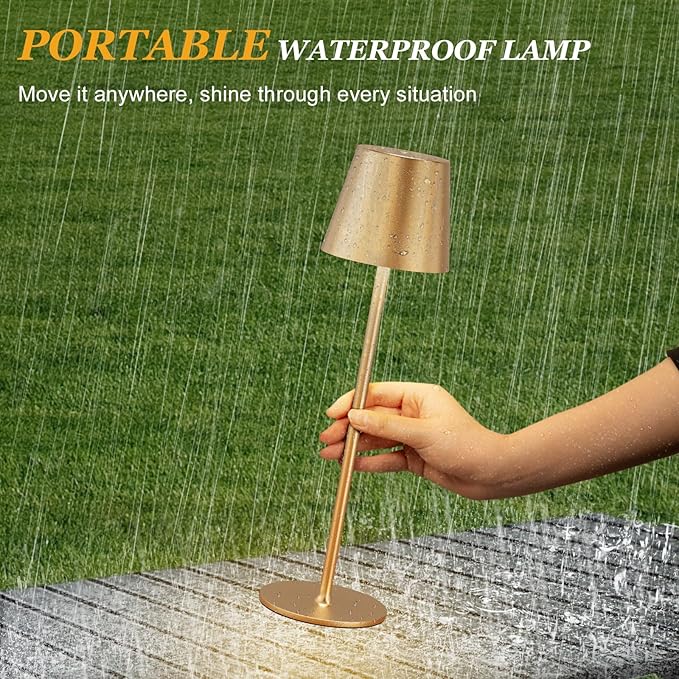 Cordless Table Lamp Rechargeable Gold - KK 2 Pack 5000mAH Battery Operated Lamp for Dining Table, 3 Color Stepless Dimming Waterproof LED Wireless Lamp for Counter, Outdoor Patio, Touch Control
