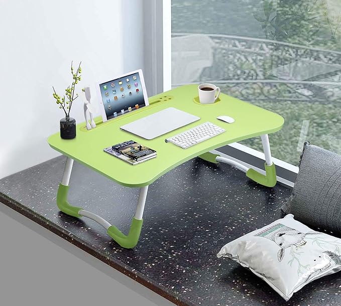 Slendor Lap Desk with Cup Holder, Foldable Laptop Table for Bed, Portable Bed Desk for Laptop and Writing, Computer Tray with Tablet Slot, Notebook Stand Reading Holder for Couch Sofa Floor,Green