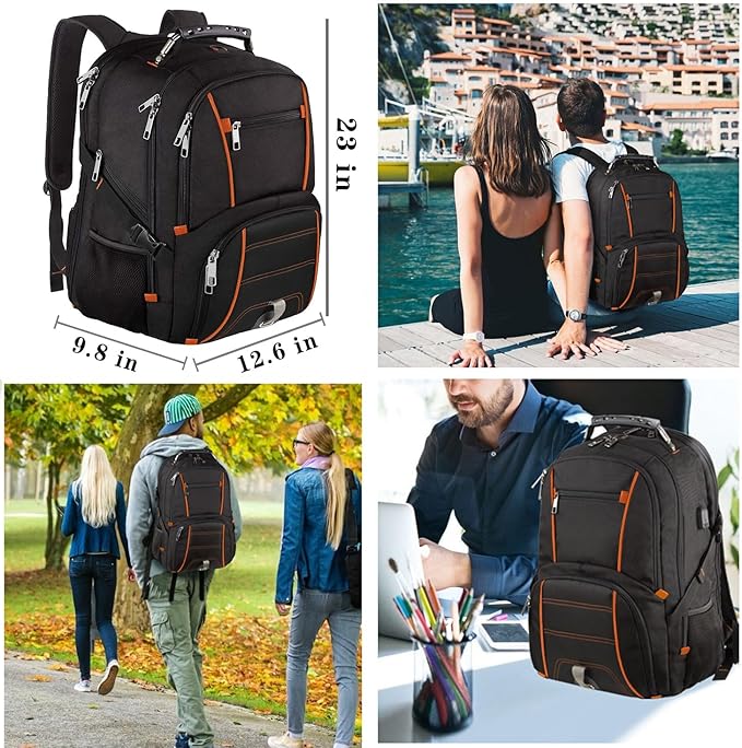 Travel Backpacks for Men Women,Extra Large College School Laptop Bookbags with USB Charging Port,RFID TSA Friendly Water Resistant Business Computer Bag with Luggage Sleeve Fit 17.3''Laptop 45L,Orange
