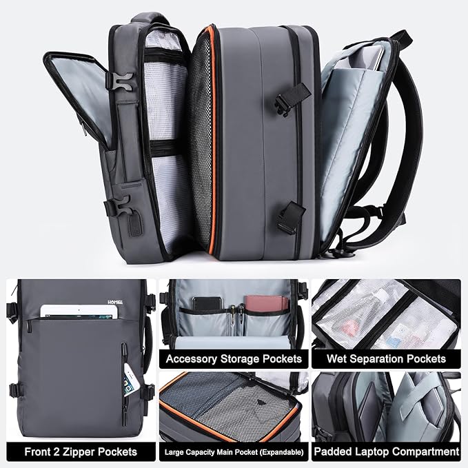HOMIEE Carry on Backpack Extra Large Travel Bag, Expandable Hand Luggage Suitcase Anti-Theft Business Backpack, Water Resistant Lightweight Weekender Bag, Grey