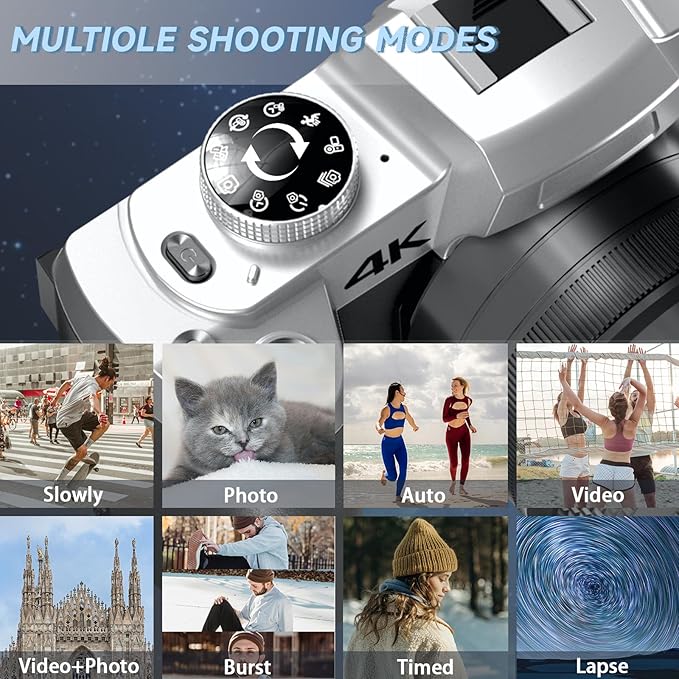 4K 75MP Digital Camera for Photography, Camera for Vlogging, 10X Optical Zoom, Auto Focus, WiFi, 3" Flip Touchscreen, 2 Batteries, Lens Hood, Tripod, Remote & Strap