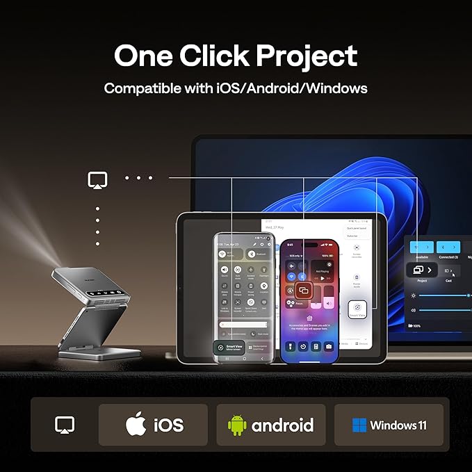 Aurzen ZIP Tri-Fold DLP Portable Mini Projector with Bluetooth 5.4, Screen Mirroring, 5000mAh Battery, Type-C Fast Charging, Zero-Lag Focus&Keystone,720P Pico Projector,Built-in Stand, 20"-125",White