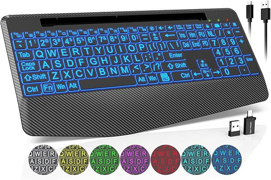 Wireless Keyboard with 7 Colored Backlits, Wrist Rest, Phone Holder, Rechargeable Ergonomic Computer Keyboard with Silent Keys, Full Size Lighted Keyboard for Windows, Mac, PC, Laptop (Large Print)