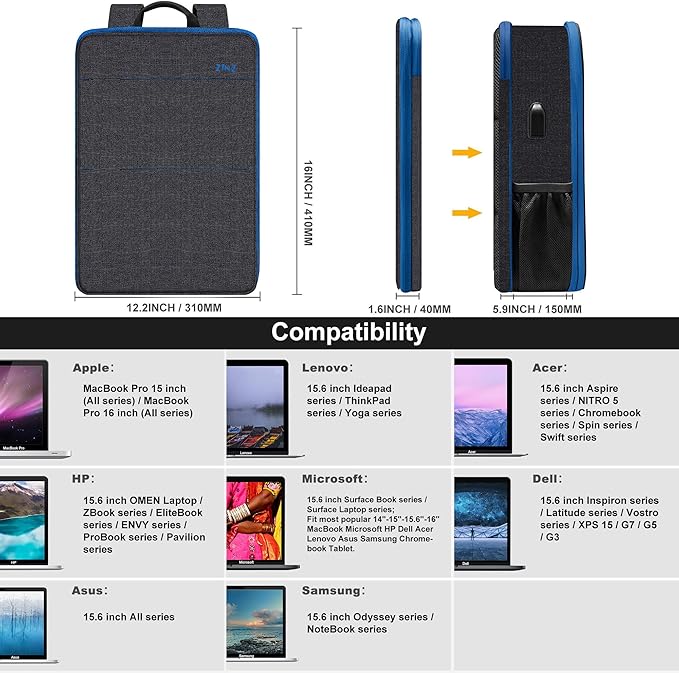 ZINZ Slim & Expandable Laptop Backpack 15 15.6 16 Inch Sleeve with USB Port, Spill-Resistant Notebooks Bag Case for Most 14-16 Inch MacBooks Surface-Books Dell HP Lenovo Asus Computers,B01BL01